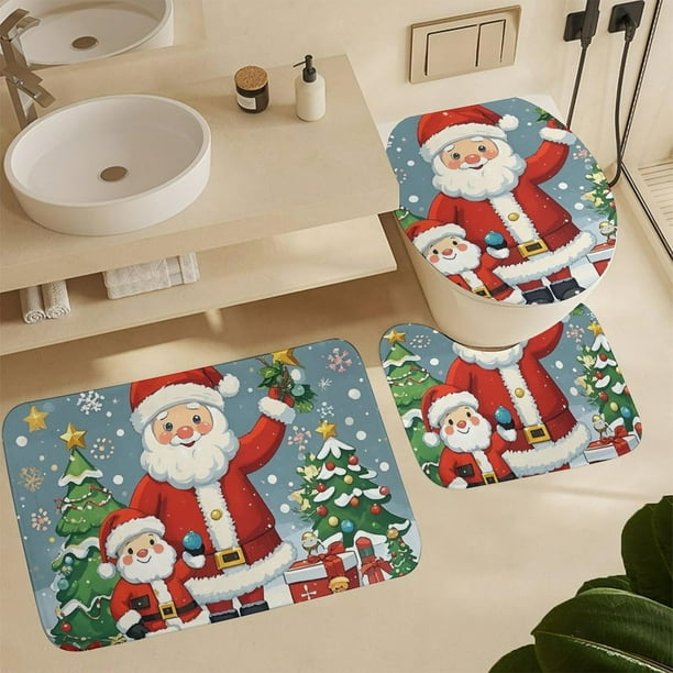 Juego de tres alfombrillas navideñas para baño, lavables, resistentes al desgaste, ideales para decoración navideña. Alfombrillas de poliéster.
