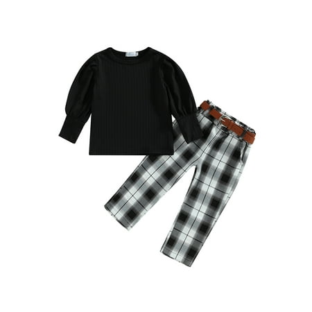 

Toddler Kid Girl Spring Fall Outfits Rib Knit Crew Neck Long Sleeve Tops Plaid Long Pants Waistbelt