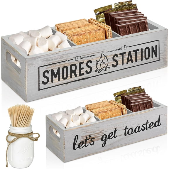 S'Mores Station With Mason Jar, Farmhouse S'mores Bar Holder with Handle, 4 Section Smores Caddy & Smores Accessories Organizer, Smores Maker Container Box for Smores Kit, Smores Tray