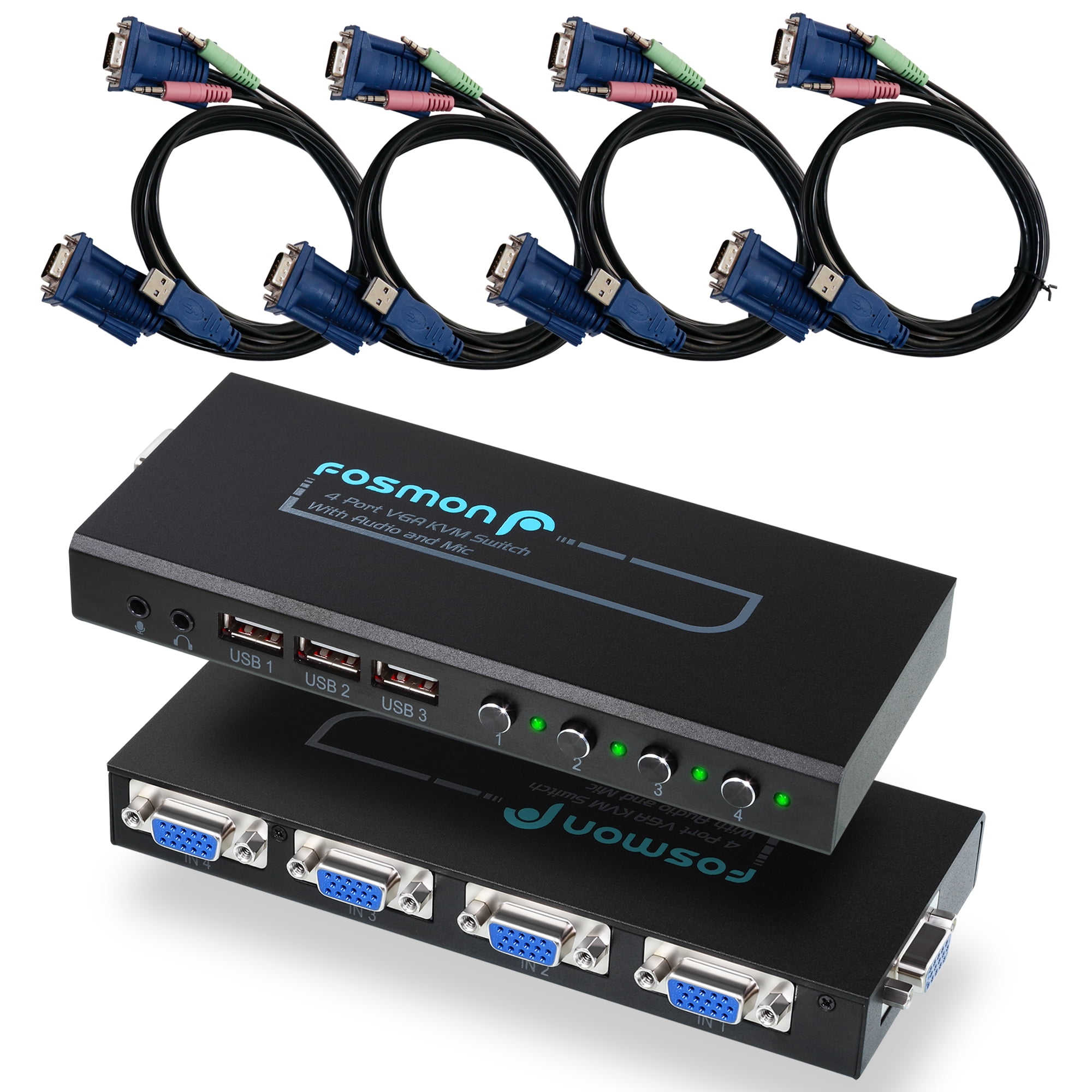 Fosmon 4-Port VGA KVM Switch, 3 USB Hubs, 1 Audio Output, 4 VGA Cables, (2048x1536@500MHz with DDC) Share 4 Computers with 1 Monitor and 3 USB Devices Mouse Keyboard for PC Laptop - Walmart.com