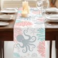 thumbnail image 3 of Teal Red Octopus Coastal 90 Inch Table Runner, Nautical Coral Starfish Farmhouse Dresser Scarf Cotton & Linen Tablerunner for Dining/Kitchen Island/Holiday Party Décor 13" x 90", 3 of 9