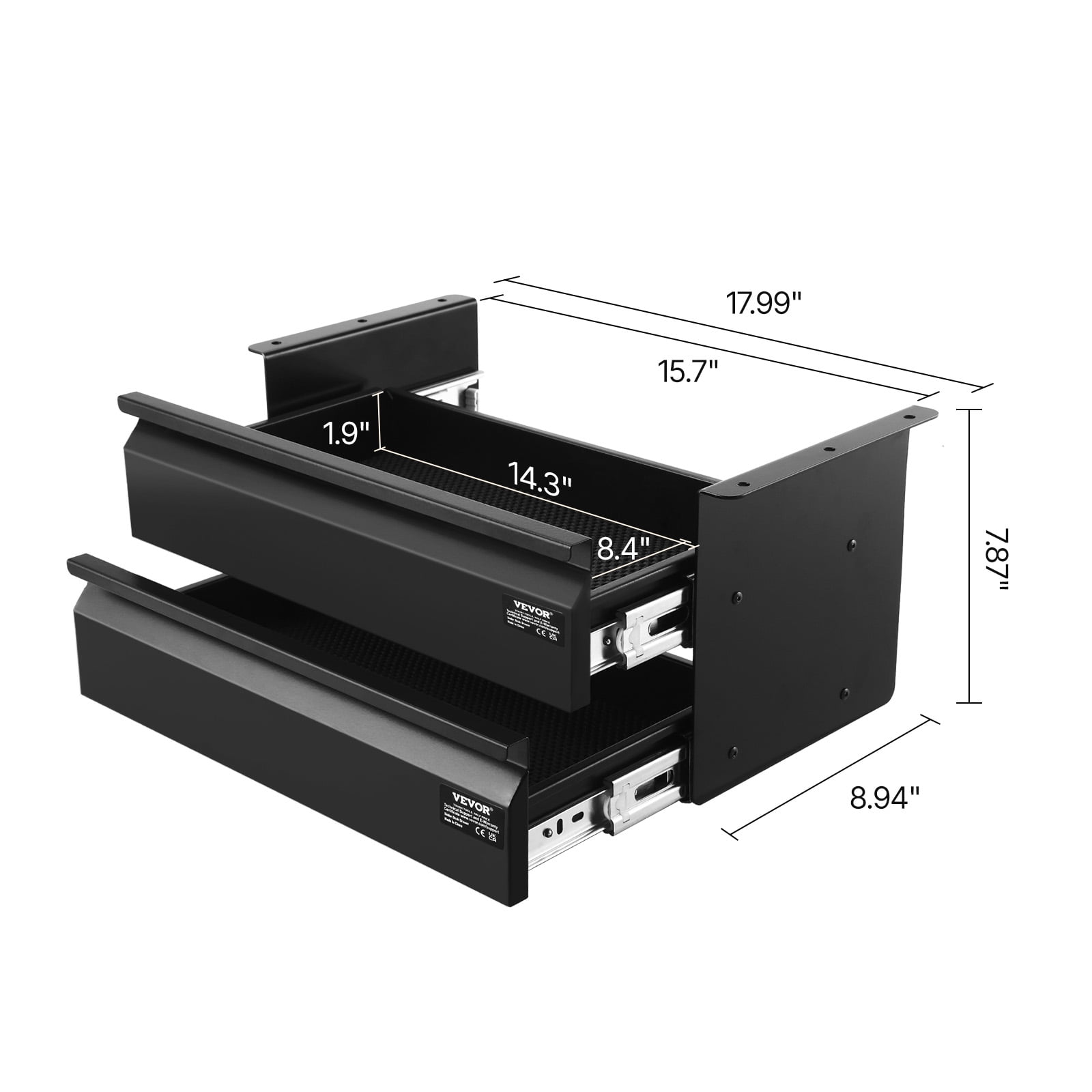 VEVOR 16" Wide Under Desk Drawer Slide Out, Under Desk Mount Pull Out Drawer Attachment, Hidden Desktop 2-Tier Storage Organizer, Under Desk Pencil Drawer for Home Sit-Stand Workstation, 18x9x8 In