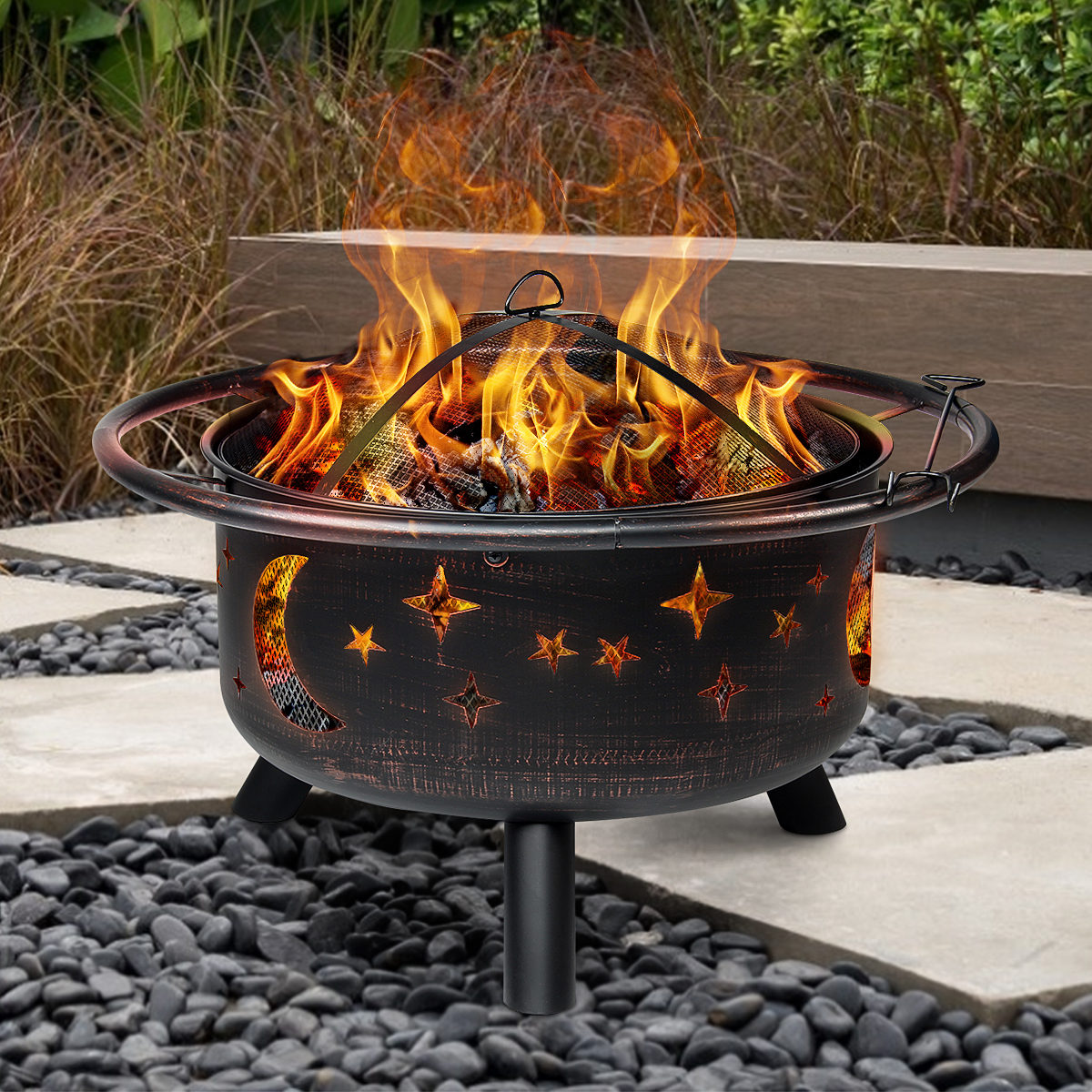Bestgoods 30" Outdoor Fire Pit, Vintage Round Metal Firepit Bonfire Wood Burning Heater Stove Backyard Patio Garden Firepit with Spark Screen and Fireplace Poker - EASY ASSEMBLY - image 1 of 10