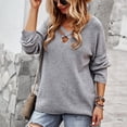 thumbnail image 3 of Suéter de punto cruzado con cuello en V manga larga color puro suéter casual de moda para mujer gris XL, 3 of 6