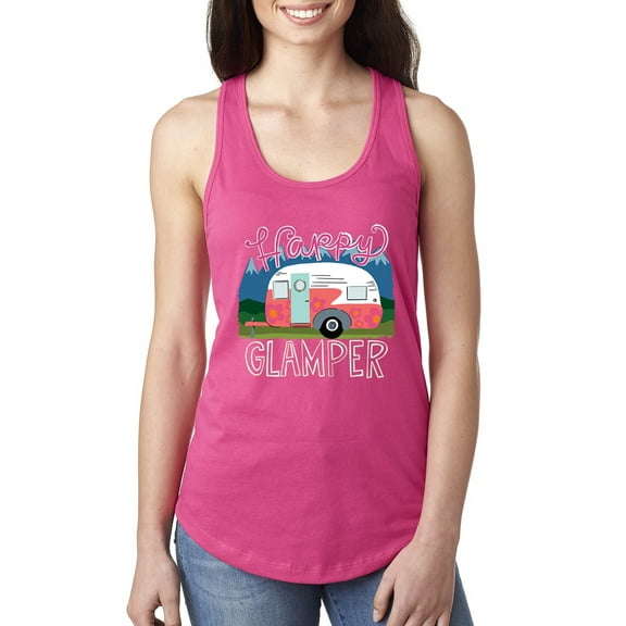 Wild Bobby, Happy Glamper | Fancy Camping Camper Van Caravan | Nature Lover Ladies Racerback Sleeveless Top, Raspberry, XL