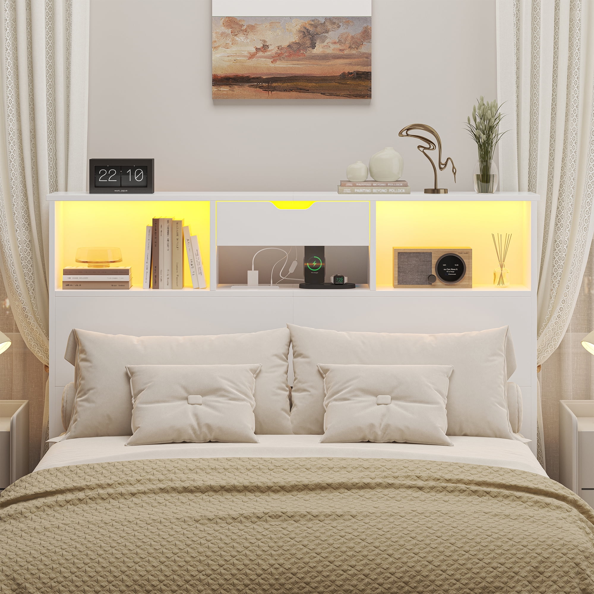 Wood Headboard for Full and Queen Bed, LED Headboard with Changing Station and Storage Cabinet for Bedroom, White (Not Include Bed）