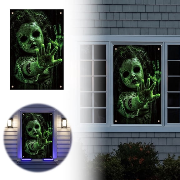 Halloween Fluorescent Window Banner,Polyester Horror Themed Window Cover With Grommets,for Haunted House Home Party Yard Window Wall Decoration