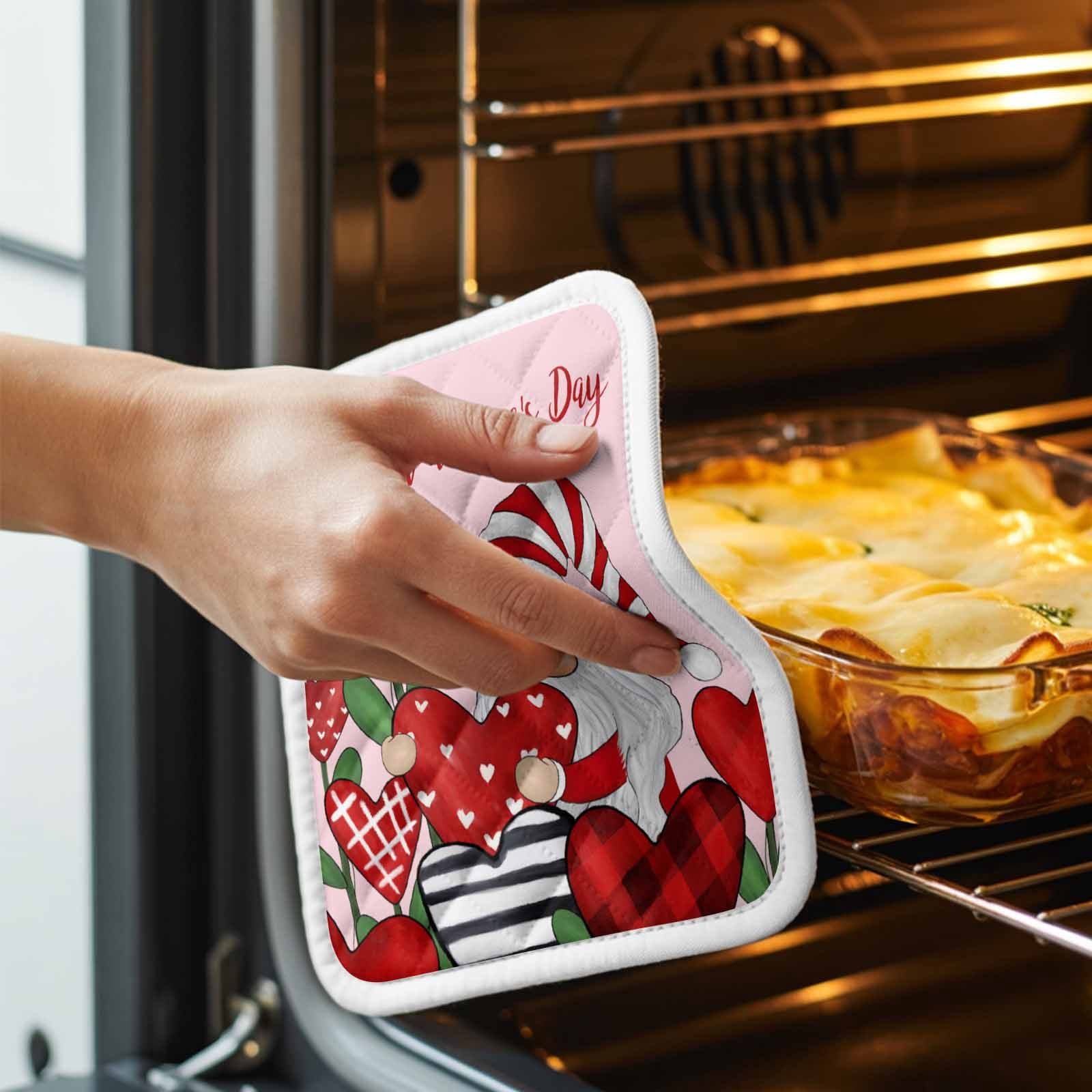 Valentines Pot Holders for Kitchen Heatproof Potholder, 5 Pack Red Love Heart Botanical Gnomes Pink Hot Pads Multipurpose Oven Pads Cloth Potholders Trivet for Cooking Baking