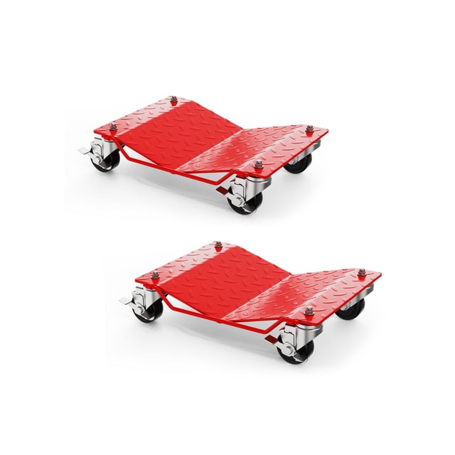 Ensemble de Roues de Voiture Robustes – Capacité de 3000 Lb, Roulettes Pivotantes à 360°, Plaque Antidérapante, Roues de Pneus pour Voitures, Camions, Remorques, Motos, Garage – Rouge / Lot de 2