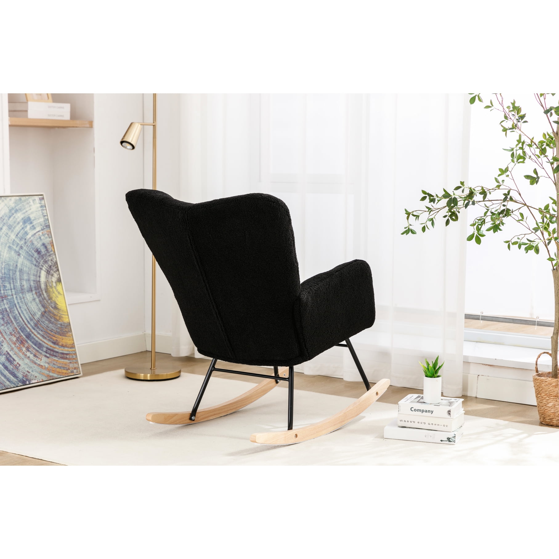 Modern Bedroom Rocking Glider Chair - Eucalyptus Wood And Foam Filled With Black Fabric