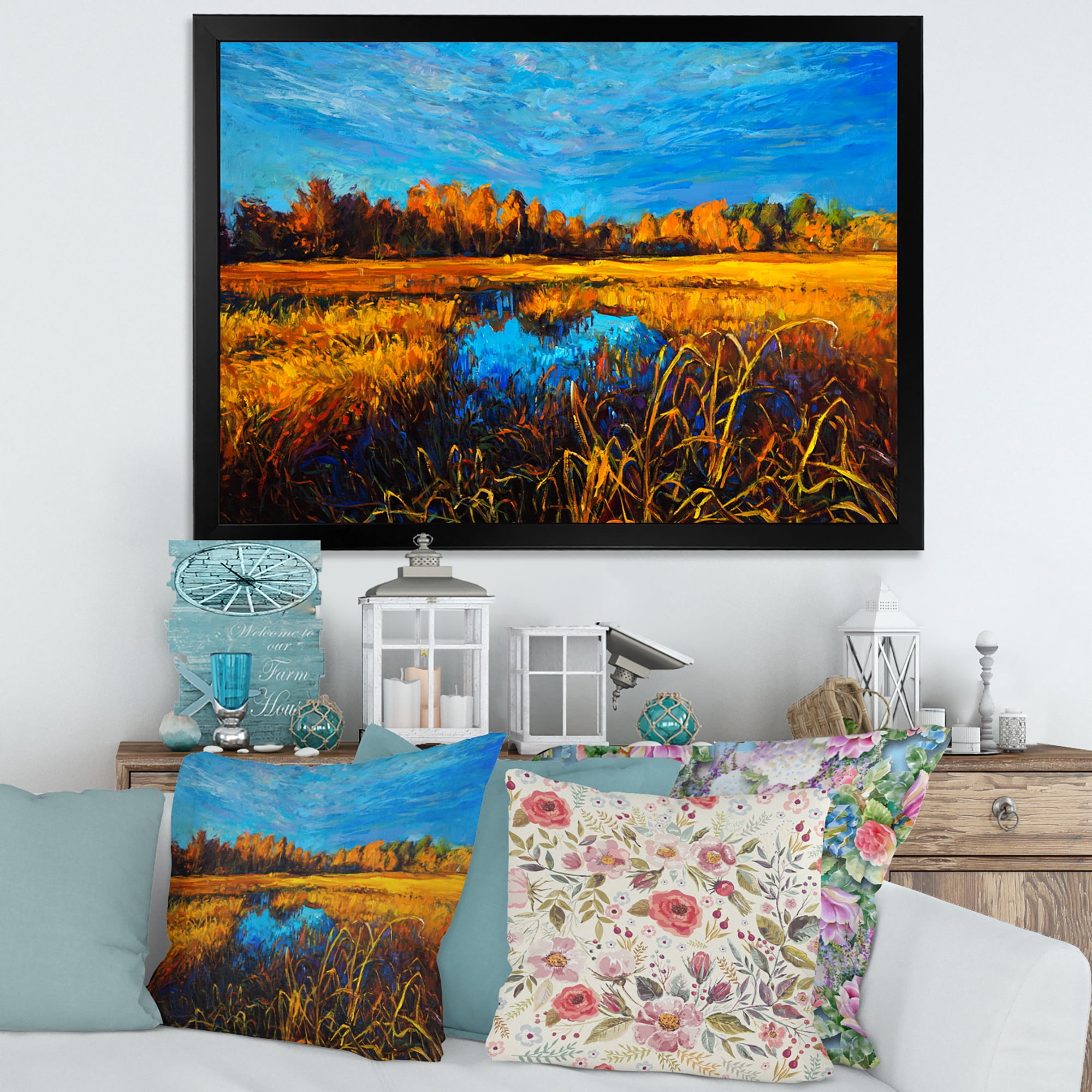 Designart 'A Light Blue Sky Over Orange Meadows' Traditional Framed Art Print