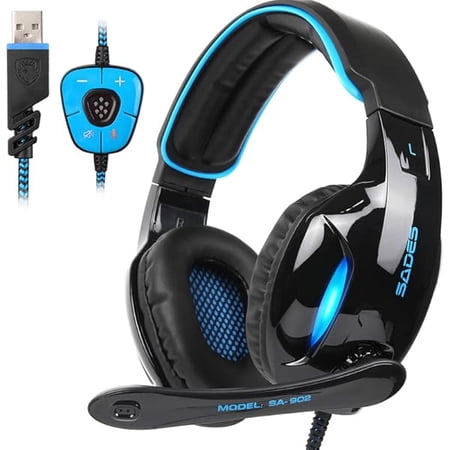 SA902 Stereo Gaming Headset 7.1 USB Surround Sound PC Headsets Over-Ear Gaming Headphones with Microphone LED Light Black Blue