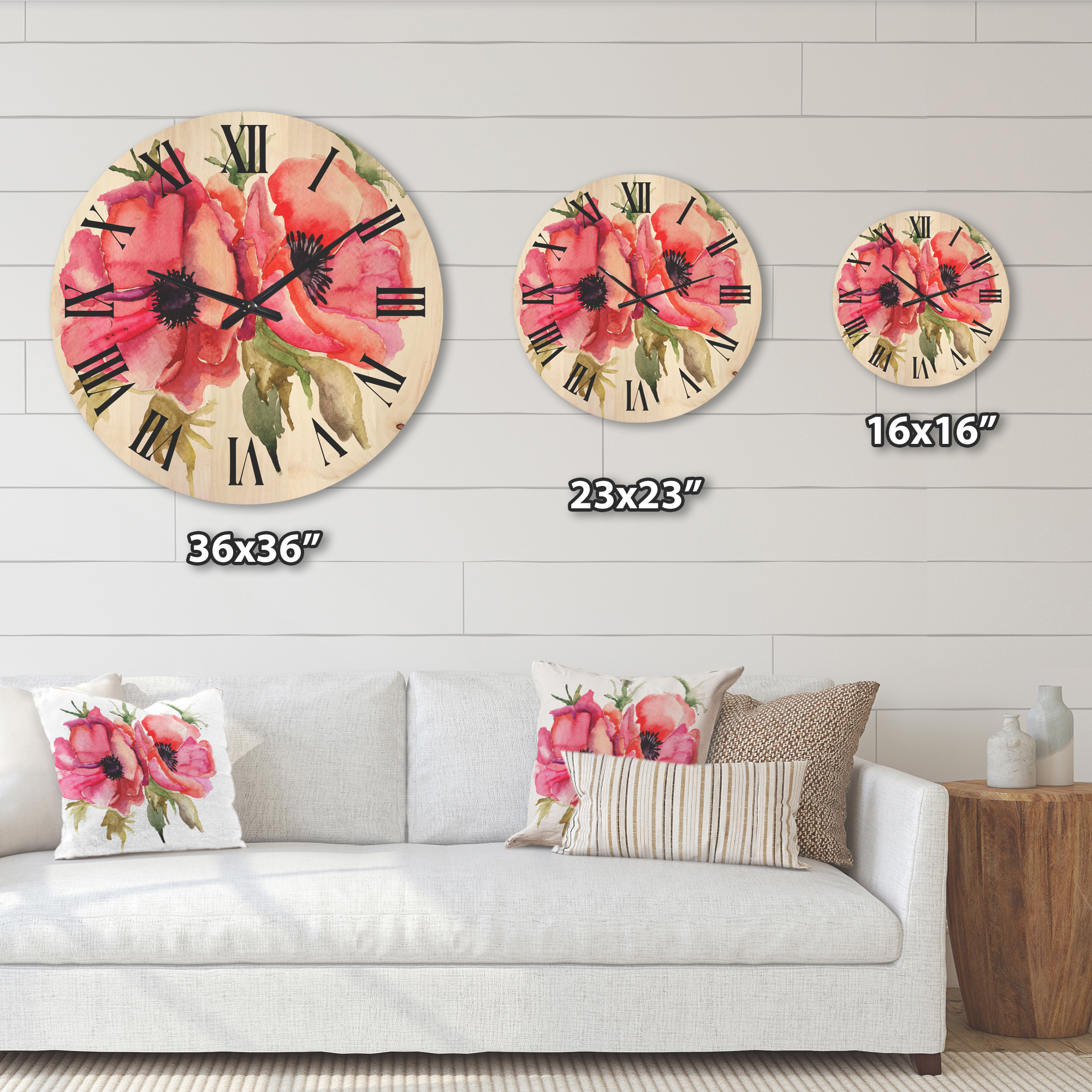 Designart 'Stylized Pink Poppy Flowers' Traditional Wood Wall Clock