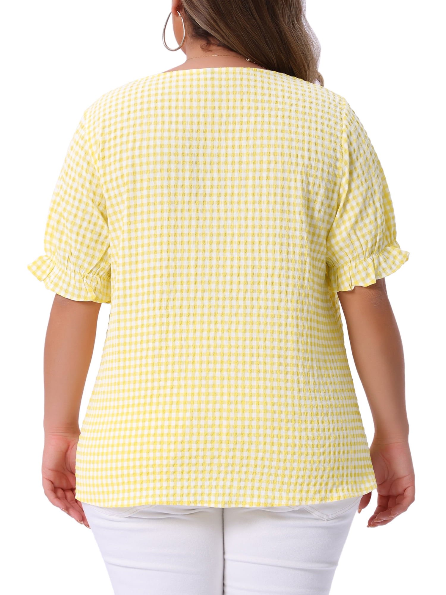 DARING DIVA Women's Plus Size Sweetheart V Neck Puff Short Sleeve Blouse 1X Light Yellow