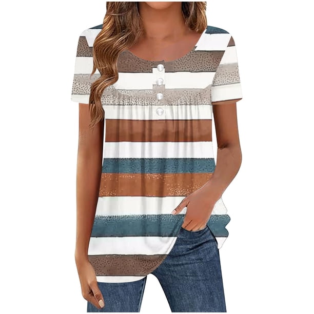 Mujeres de Verano Tops de Manga Corta Impresa Casual Cuello Redondo Plisado Superior 95% Poliéster 5% Spandex, Blusa de Moda para Todas las Estaciones