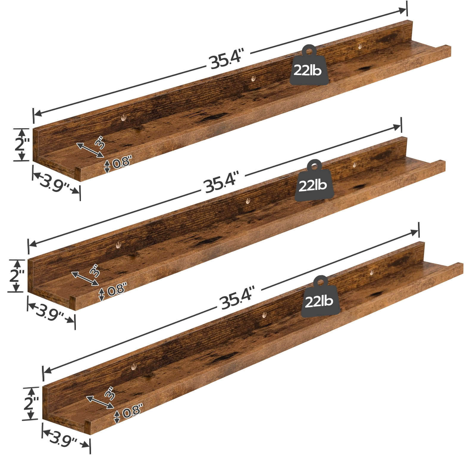 HOOBRO Set of 3 35.4-Inch Floating Wall Shelves with Raised Edge & Invisible Brackets, Rustic Brown