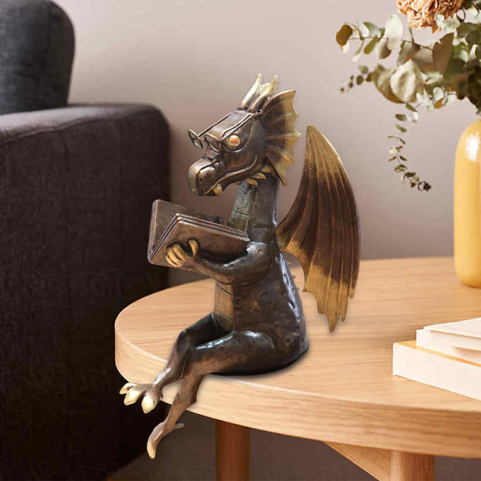 Dragon Reading Books Home Decor Ornament wearing Collectible Sculpture Figurine Fairy Miniature Dragon Sculpture for Garden Bedroom Bookshelf