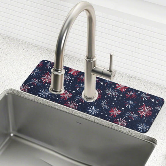 Yayeee Faucet Mat for Kitchen Sink 14.7" Diatomite Long Splash Guard Pad, Red and Blue Fireworks Pattern