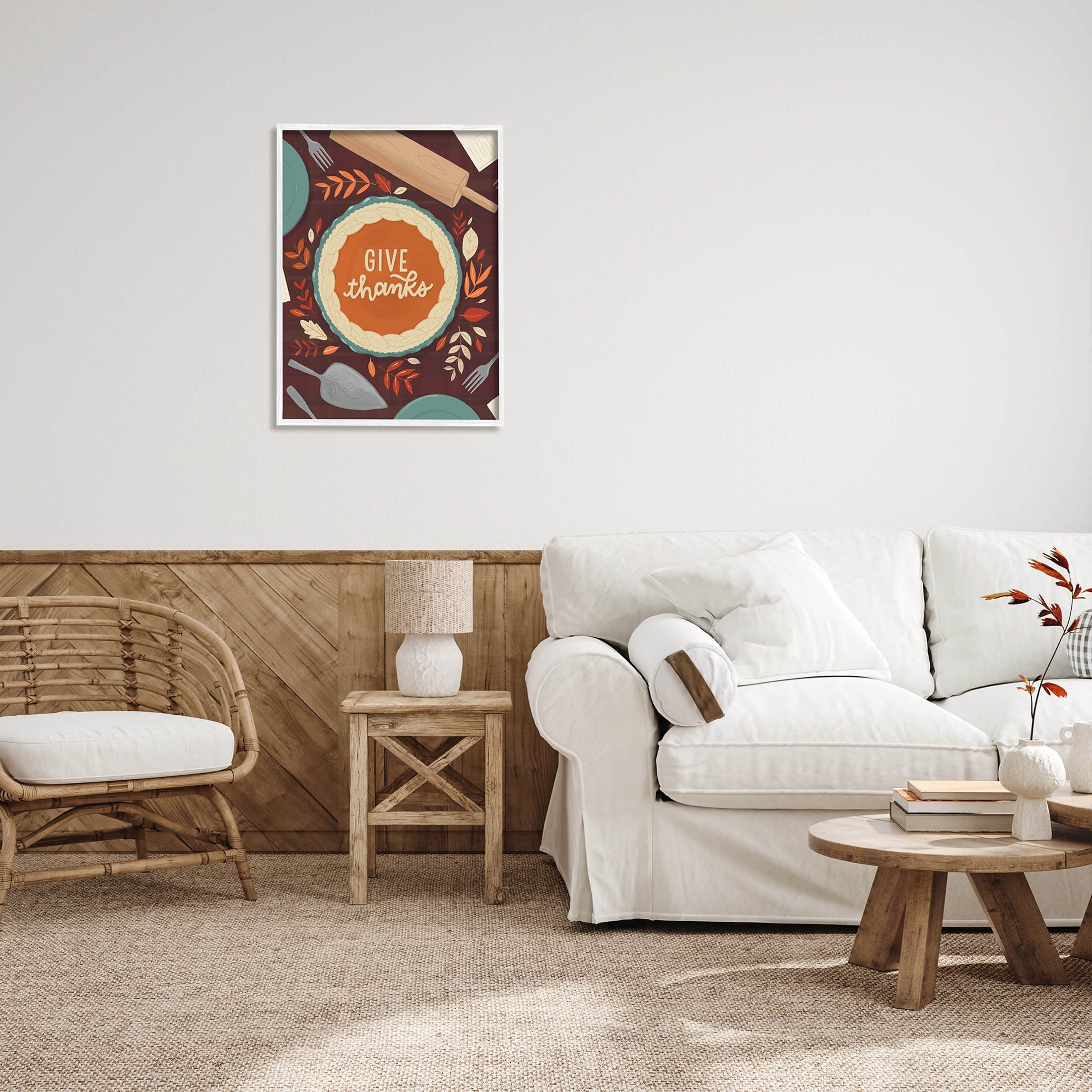 Give Thanks Kitchen Utensils Pattern Holiday Graphic Art White Framed Art Print Wall Art