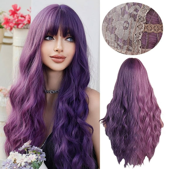 DOPI Human Hair Wigs For Women Long Curly Hair Wig Female Bangs Long Hair Purple Gradient Realistic Natural Chemicals Fiber Hair Headgear