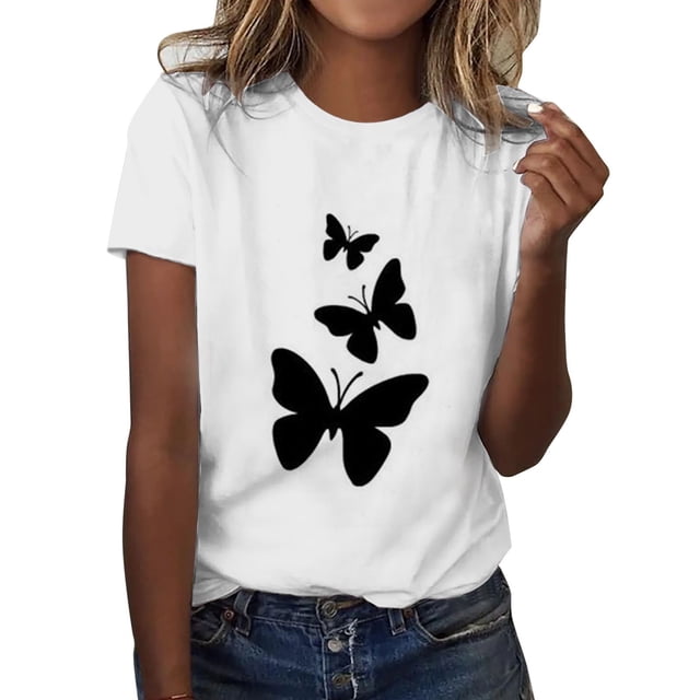 WEIYLL T-Shirt Femme Décontracté Imprimé Col Rond Manches Courtes T-Shirt Blanc Tailles TTG