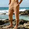 thumbnail image 6 of Mens Linen Capri Pants Loose Lightweight Below Knee 3/4 Pants Drawstring Gym Workout Long Shorts Travel Beach Pant Earthy Yellow M, 6 of 9