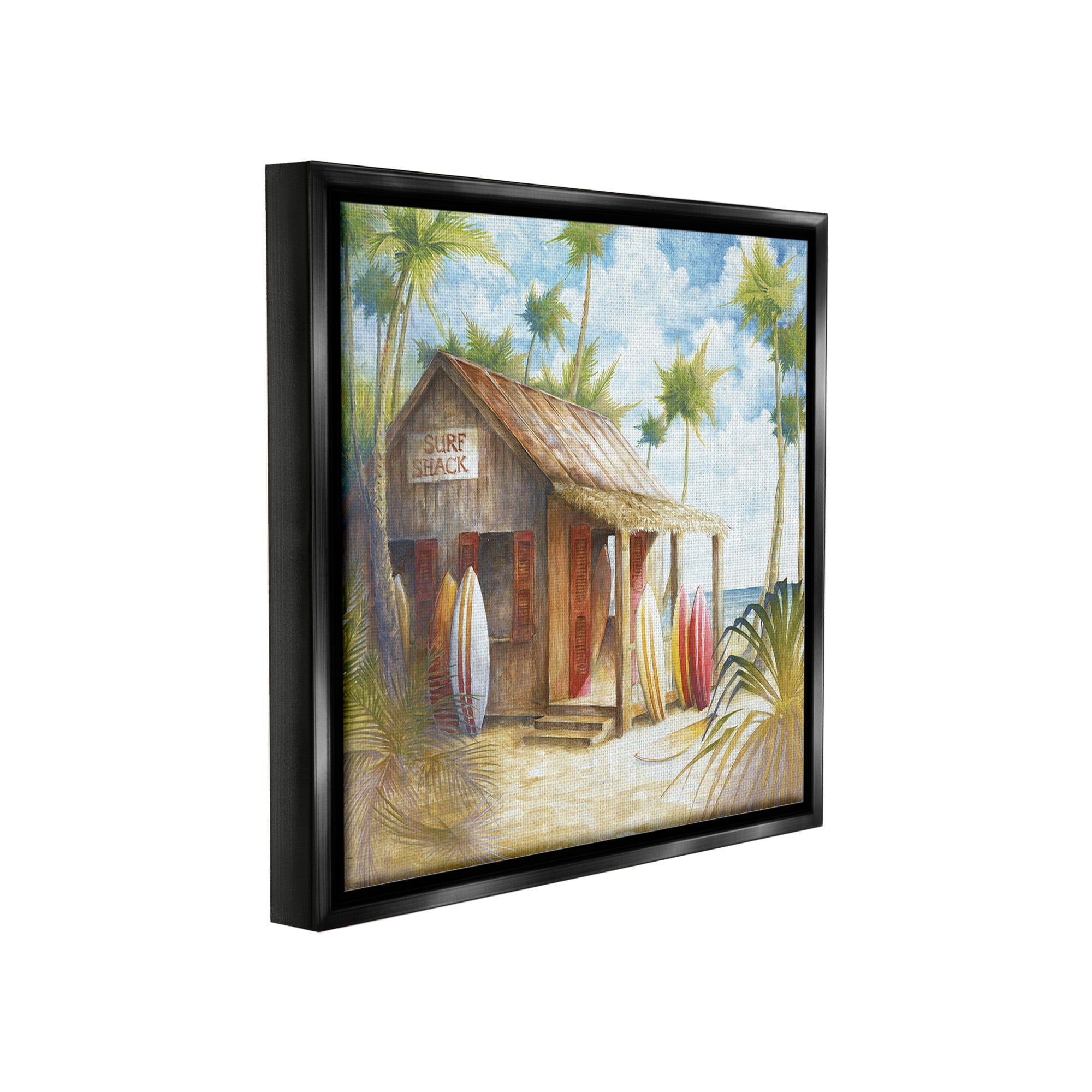 Stupell Industries Summer Surf Shack Landscape Painting Black Floater Framed Canvas Art Print Wall Art, 18 x 18