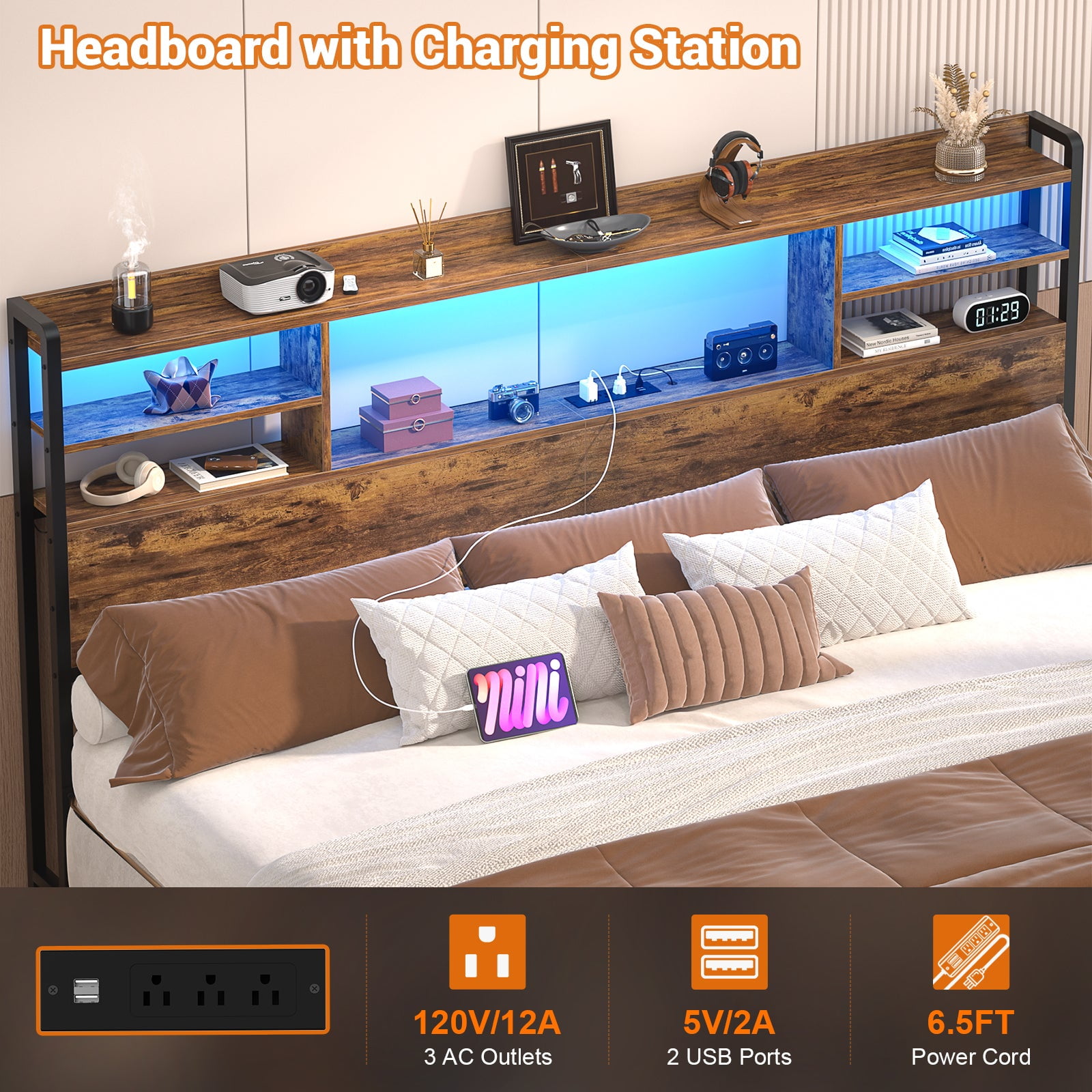 iSunirm Headboard for King Size Bed with Bookcase Storage, King Headboards with LED Light and Power Outlets, Modern King Size Head Board, for King Size Bed, 77.2'' Width, Rustic Brown