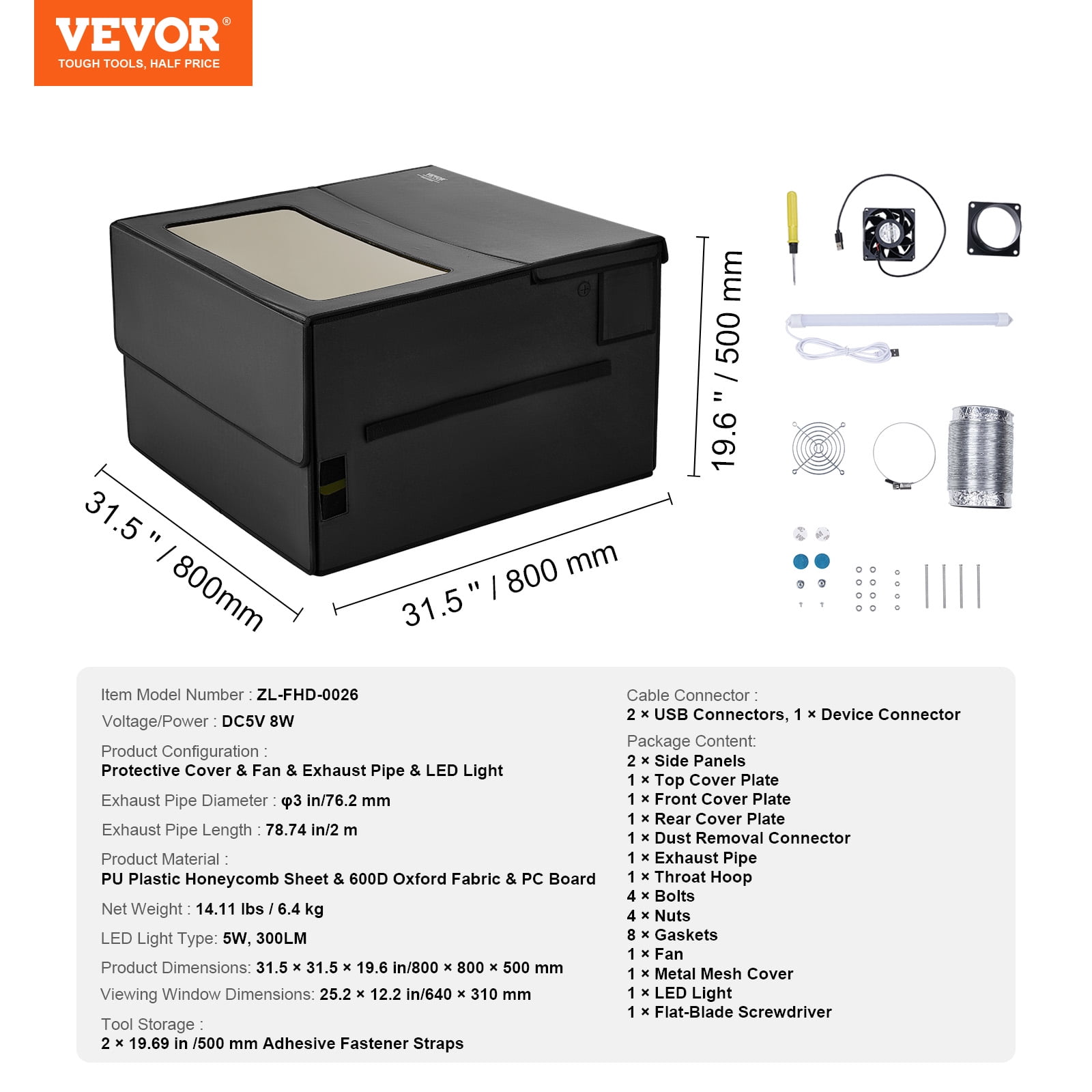 VEVOR Laser Engraver Enclosure,31.5 x 31.5 x 19.6", Flame Retardant and Fireproof Protective Cover, with Exhaust Fan and Pipe, Insulates Smoke, Noise and Eye Protection, Fits for Most Laser Engraver