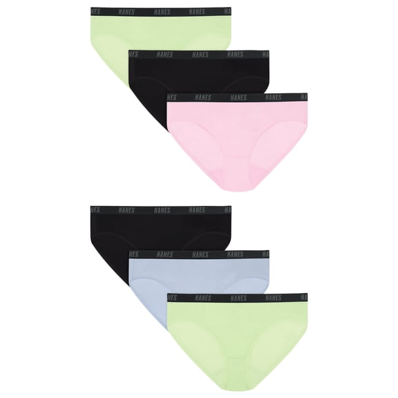 Hanes Moves Girls' Underwear Bikinis Pack, 6-Pack, Lightweight Individual Pink/Black/Refreshing Green/Blue Flight 14