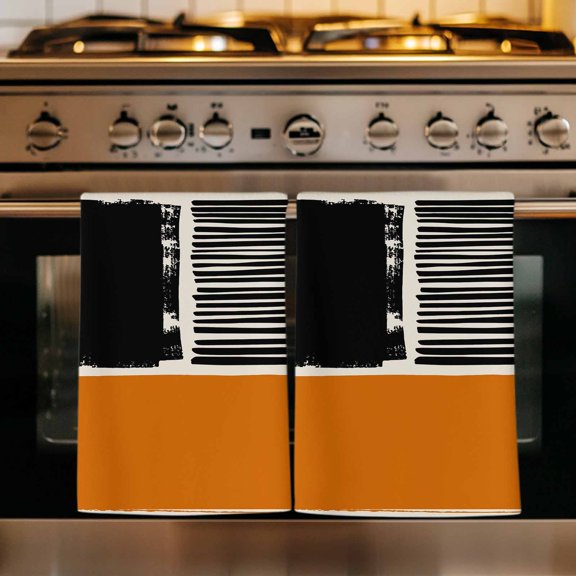 Orange Black Kitchen Towels Set of 2, Farmhouse Striped Modern Abstract Art Absorbent Dish Towels for Kitchen, Microfiber Hand Towel, Quick Drying Tea Towel for Cleaning Decorative Dishcloths