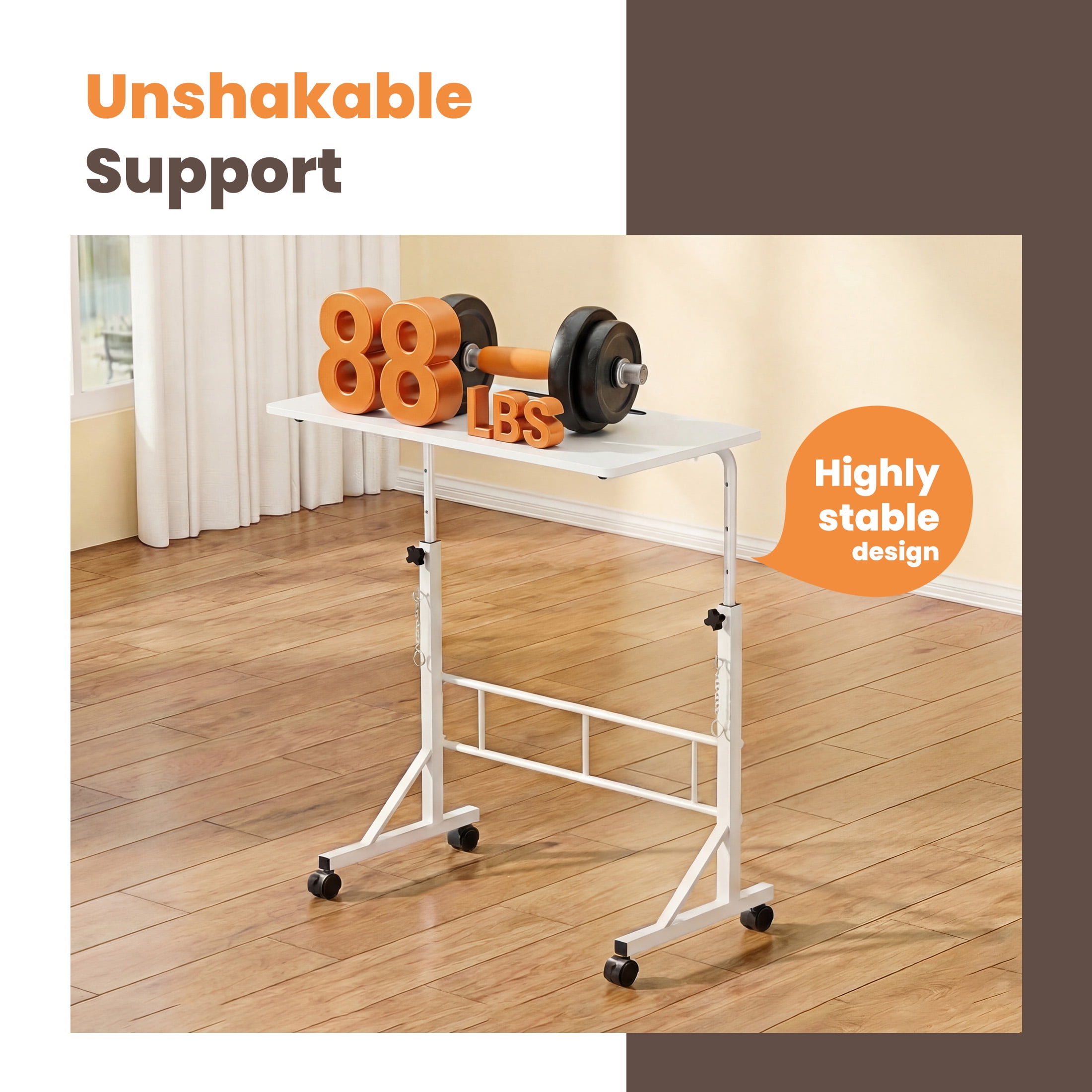 EDX Small Height Adjustable Standing Desk with Wheels, Mobile Rolling Computer Desk for Home Office, Sit Stand Laptop Desk for Walking Pad, White