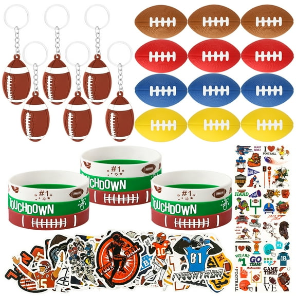 91Pcs Football Party Favors Supplies, Football Silicone Wristband Mini Foam Stress Balls Keychain Tattoos Stickers, Pinata Goodie Bag Fillers Football Birthday Party Gift for Kids Boys