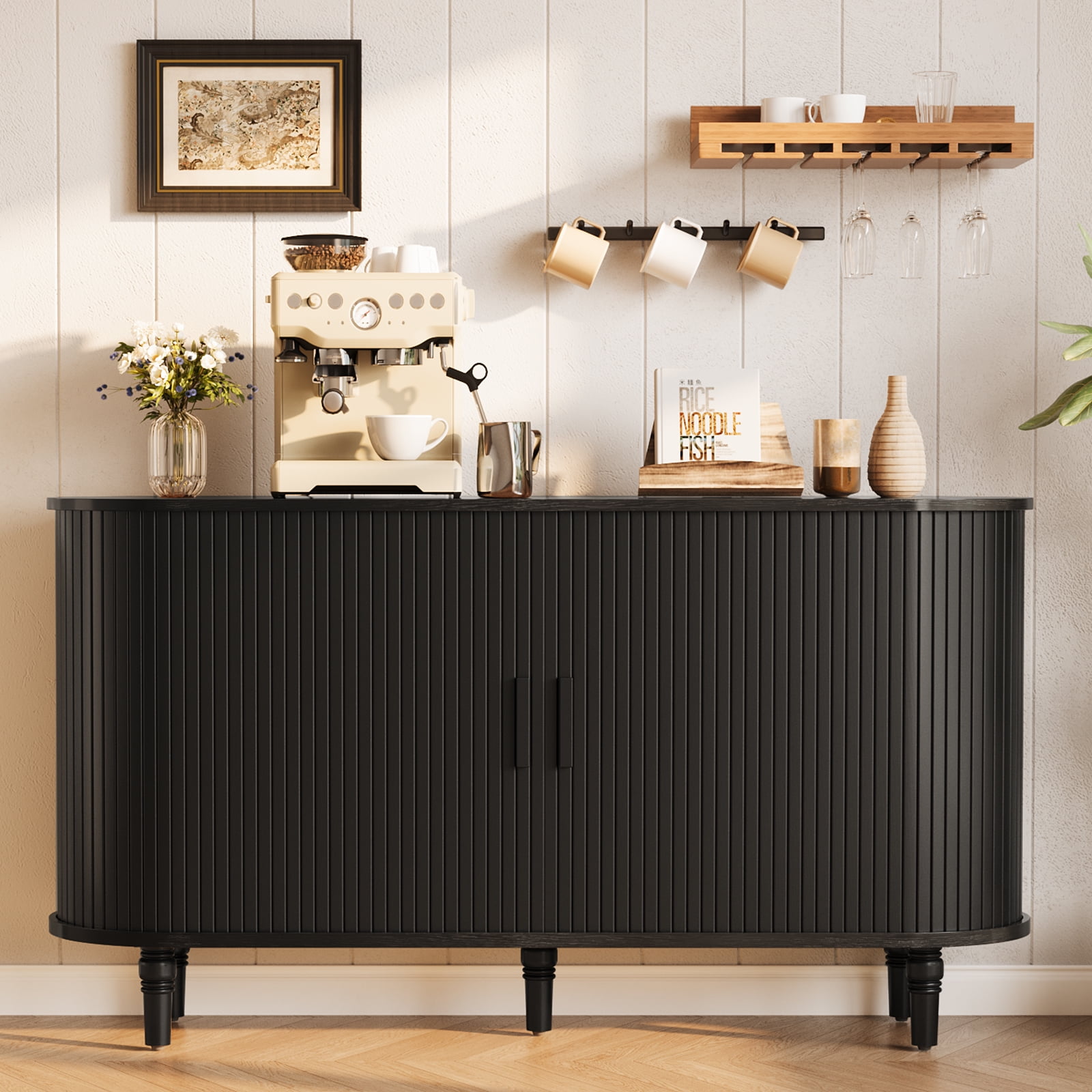 Sideboard Buffet Cabinet with Silding Doors, Accent 55" Storage Cabinet with Adjutable Shelf for Kitchen, Living Room, Black