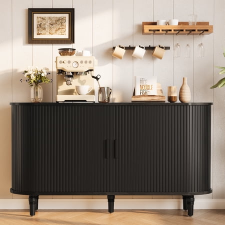 Sideboard Buffet Cabinet with Silding Doors, Accent 55" Storage Cabinet with Adjutable Shelf for Kitchen, Living Room, Black