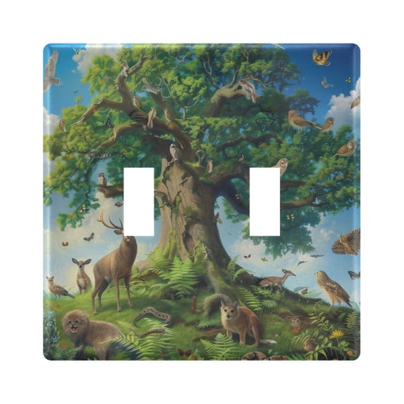 2 Gang Light Switch Cover Plate Animals Surrounded Tree Wall Plate Decorate Electrical Outlet Cover Plates 4.56”x4.48”