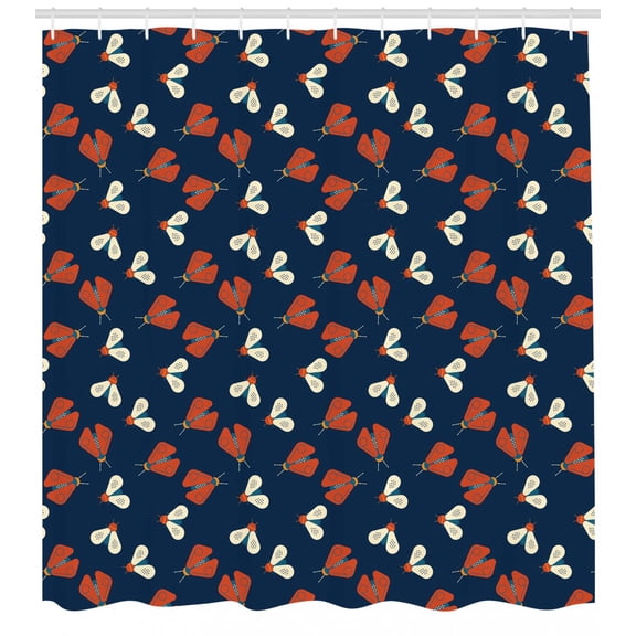 Firefly Shower Curtain, Vibrant Winged Spiritual Spring Animals Flying Botanical Insect Theme, Fabric Bathroom Set with Hooks, 69W X 70L Inches, Night Blue Scarlet Cream, by Ambesonne