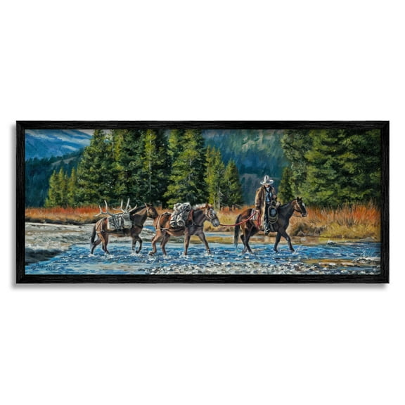 Stupell Industries Crossing River Cowboy Landscape Animals & Insects Painting Black Framed Art Print Wall Art