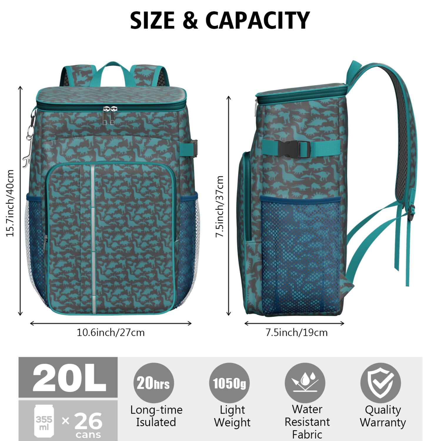 Travel Cooler Bag - DarkGreen Cartoon Dinosaurs Silhouette Pattern Camping Beer Cooler Backpack with Bottle Opener- Waterproof Insulated Picnic Backpacks - Cooler Bag for Beach