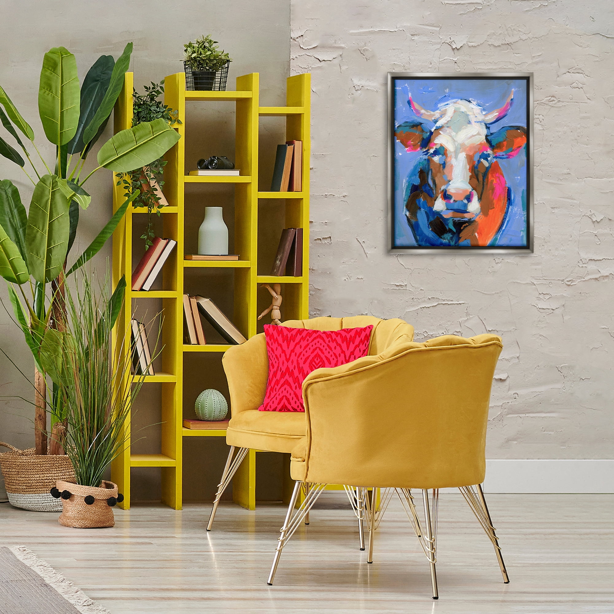 Stupell Industries Bold Paint Strokes Cow Animals & Insects Painting Gray Floater Framed Canvas Art Print Wall Art, 17 x 21