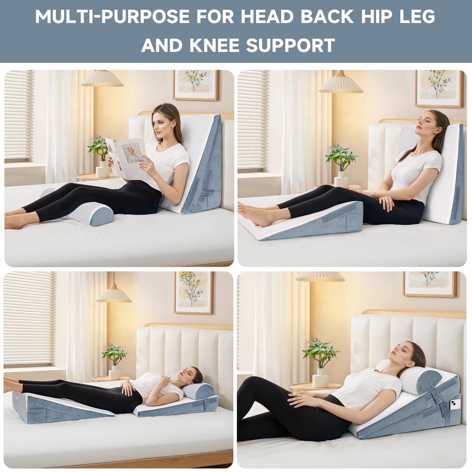 Bed Wedge Pillow For Sleeping  3 Adjustable Height 4.5&7.5&12 Inch Triangle Acid Reflux (gray)
