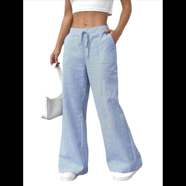 Pantalones de Salón A Rayas de Pierna para Mujer, Cintura Elástica y Bolsillos Azul XXL