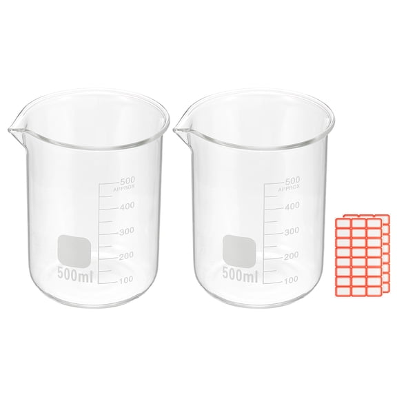 500ml Glass Beaker, 2 Pack Measuring Glass Beaker Graduated Borosilicate Lab Cups Mug Low Form  Heat Safe Transparent with Spout Label for Laboratory Science Kitchen Liquids