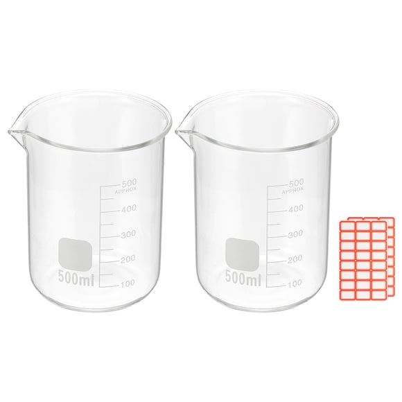 500ml Glass Beaker, 2 Pack Measuring Glass Beaker Graduated Borosilicate Lab Cups Mug Low Form Heat Safe Transparent with Spout Label for Laboratory Science Kitchen Liquids
