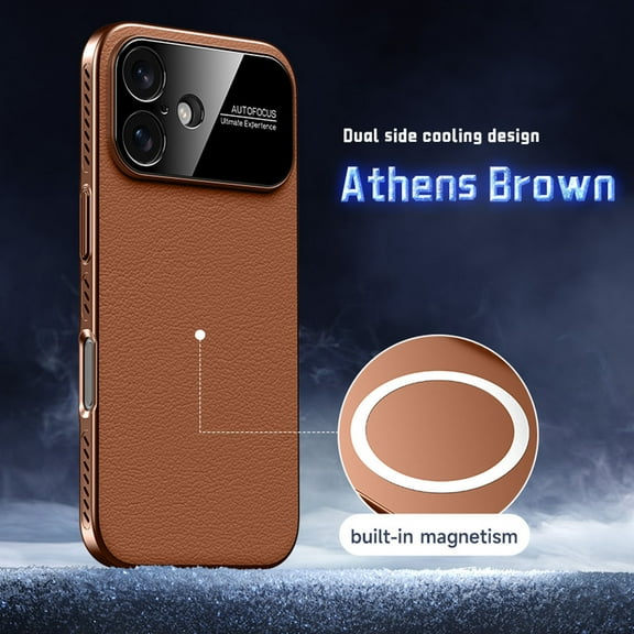Magnetic Case for iPhone 16, Plain PU Leather Cover Support Wireless Charging, Heat Dissipation Drop Protection Shockproof Shell Protective Phone Case for iPhone 16, Brown