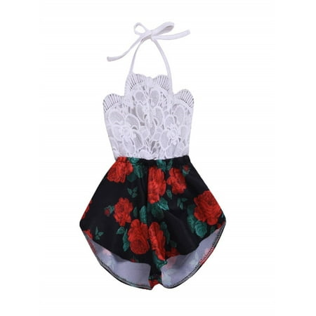 

Newborn Infant Baby Girls One Piece Breeches Sleeveless Lace Halter Tops Floral Printed Wide Leg Shorts Casual Loose Rompers