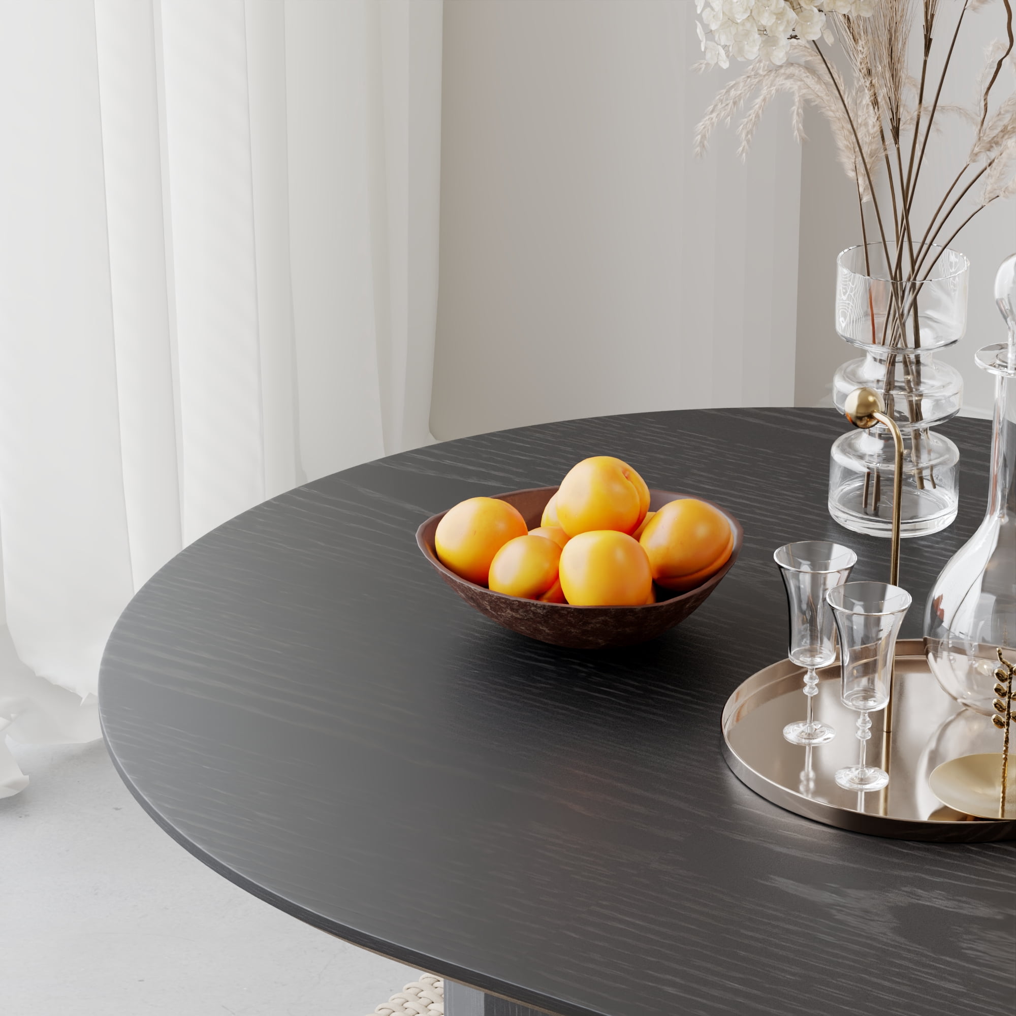 MAYEERTY 79*33.5*30"Oval Black Dining Table with Beveled Edge Top & Convex Fine-Striped Cylinder Split Base