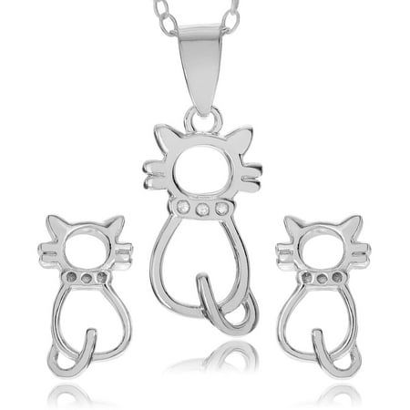 Brinley Co. Women's Sterling Silver Cat Necklace and Earrings Set