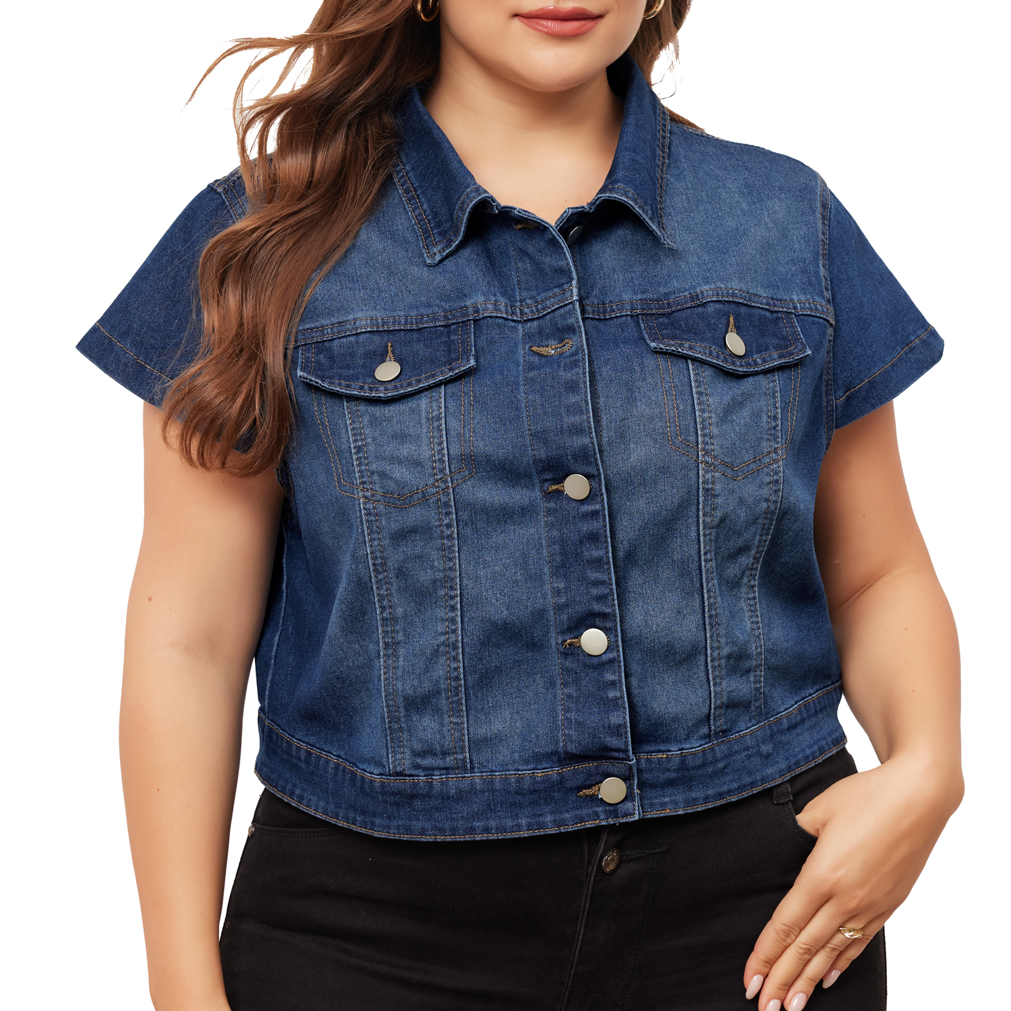 DARING DIVA Women's Plus Size Button Down Cap Sleeve Cropped Jacket 2X Dark Blue