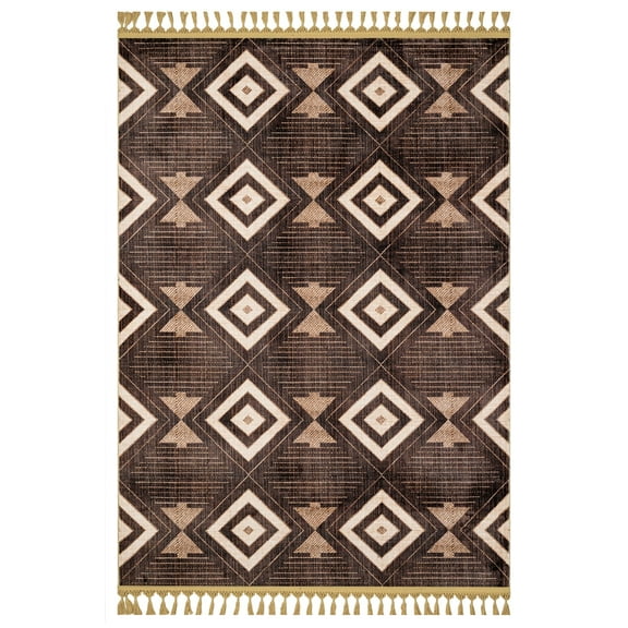 Pratap Geometric Brown Velvet Area Rugs for Living Room Washable Rugs Boho Moroccan Area Rug Soft Neutral Geometric Bohemian Distressed Indoor Rug for Bedroom Dining Room Office Nonslip Rug